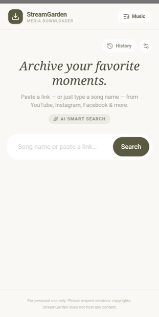 StreamGarden home screen with a search box