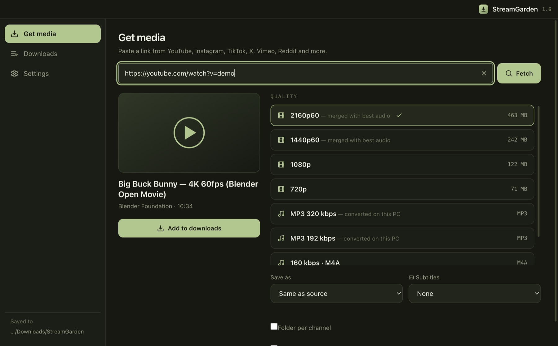 StreamGarden desktop app on Windows and Mac — quality picker